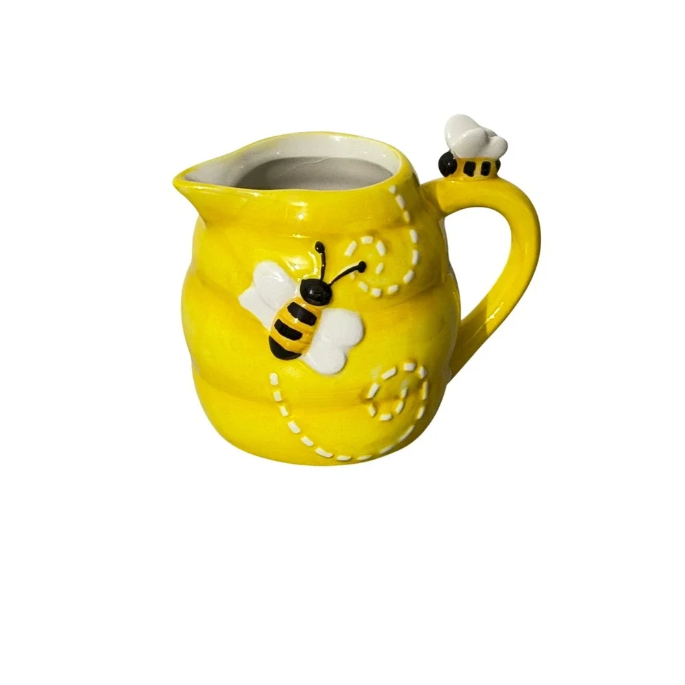 Pier 1 Imports Bumblebee Beehive Creamer Pitcher Yellow Hand Painted Dolomite